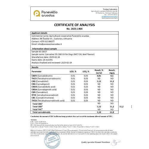 CBD ulje za pse, 5 % CBD, Cannaline, okus govedine, 10 ml