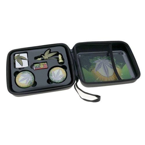 Set ručna lula Hemp Leaf + mlinac, upaljač, mrežice i pladanj